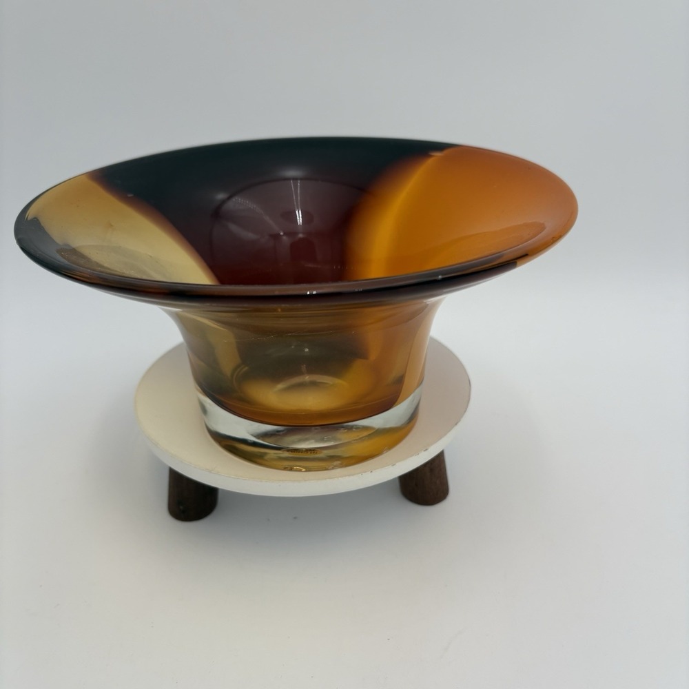 Vintage 1970s Teleflora Tri-colorโ Orange Amber Purple Handblown Glass Bowl Vase